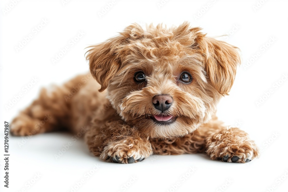 Isolated maltipoo with its golden fur, in a pose over a white background. Conceptually showcasing beauty, breed standards, pets, and animal life Isolated maltipoo with its golden fur, in a pose over a white background. Conceptually showcasing beauty, breed standards, pets, and animal life