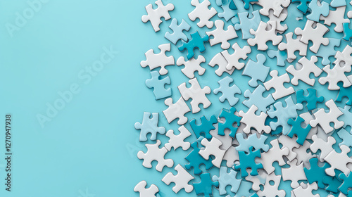 Close-up of scattered puzzle pieces on a blue background