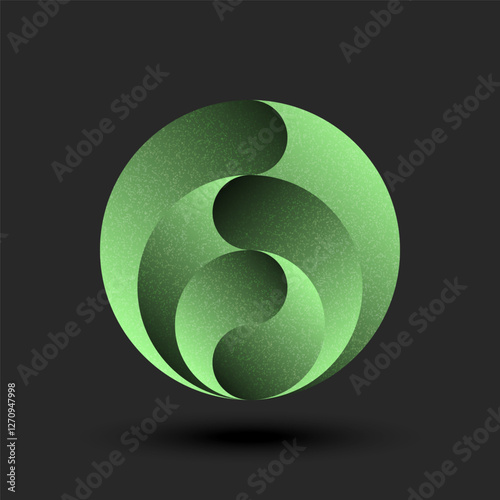 Futuristic green circular pattern logo with layered curved elements and noise texture shading, futuristic organic 3d symbol, psychedelic geometric design with depth and shadow on dark background.