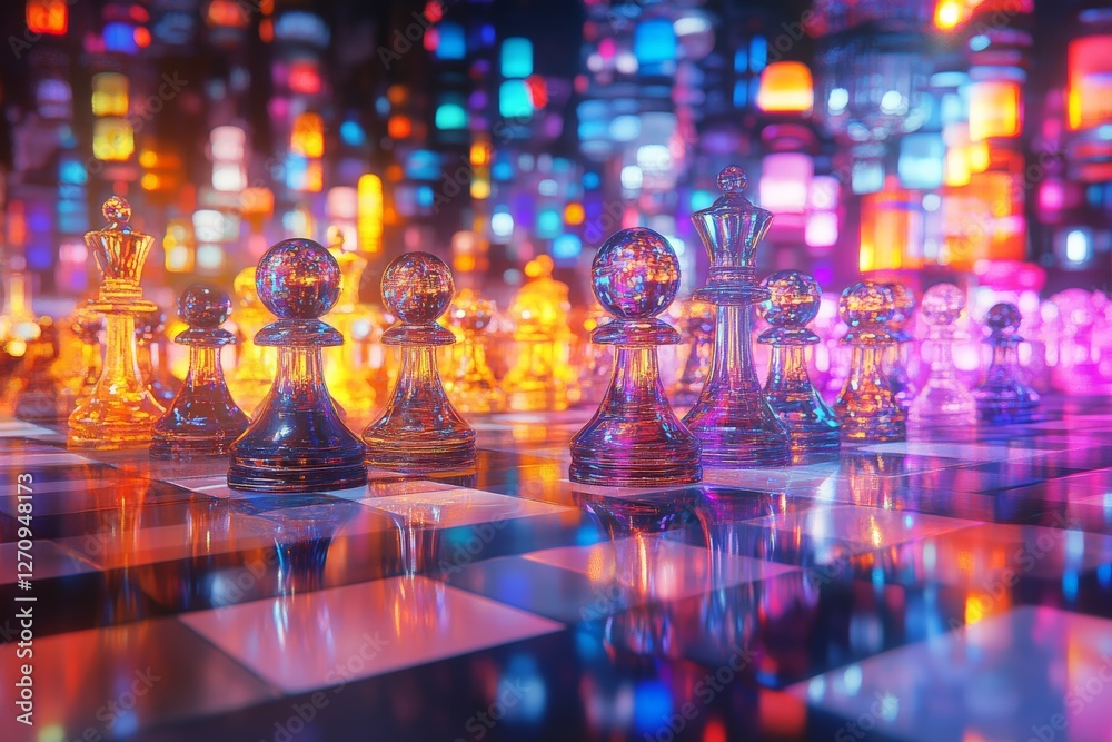 Colorful chess pieces on a vibrantly illuminated board in a futuristic city