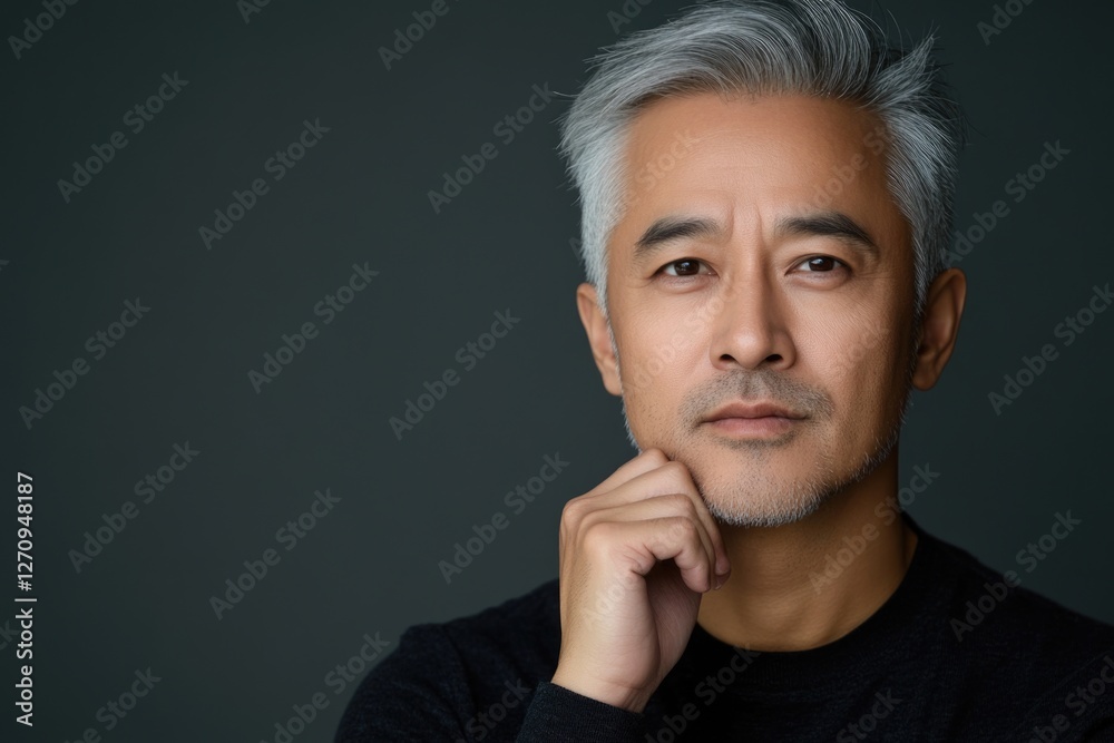 Portrait of a middle-aged Asian man with gray hair, touching his chin in thought, on a gray background. Portrait of a middle-aged Asian man with gray hair, touching his chin in thought, on a gray background.