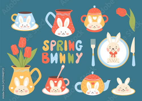 Easter spring bunny clipart. Cute tableware cup, plate, kettle, sugar bowl and jug with bouquet tulips decorated with funny rabbit. Isolated holiday, tea party elements. Vector illustration