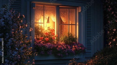 Illuminated window, flowering plants, nighttime scene.