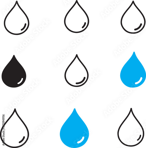 Waterdrop vector icon set. Rain drip liquid logo. Droplet sign. Tear and oil isolated symbol. Simple blue splash mark.