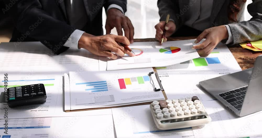 Analyze financial data and accounting record with calculator in meeting office, Accounting company charts and graphs banner, double exposure successful business finance and taxation planning concept.	