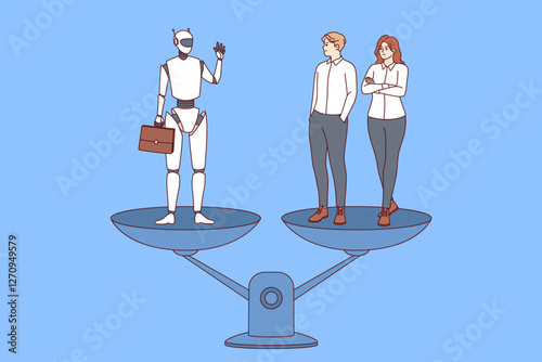 Modern robot and office workers stand on different scales, for concept of choosing between humans and AI. Humanoid robot replaces two managers thanks to machine learning and neural networks