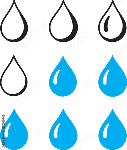 Waterdrop vector icon set. Rain drip liquid logo. Droplet sign. Tear and oil isolated symbol. Simple blue splash mark.
