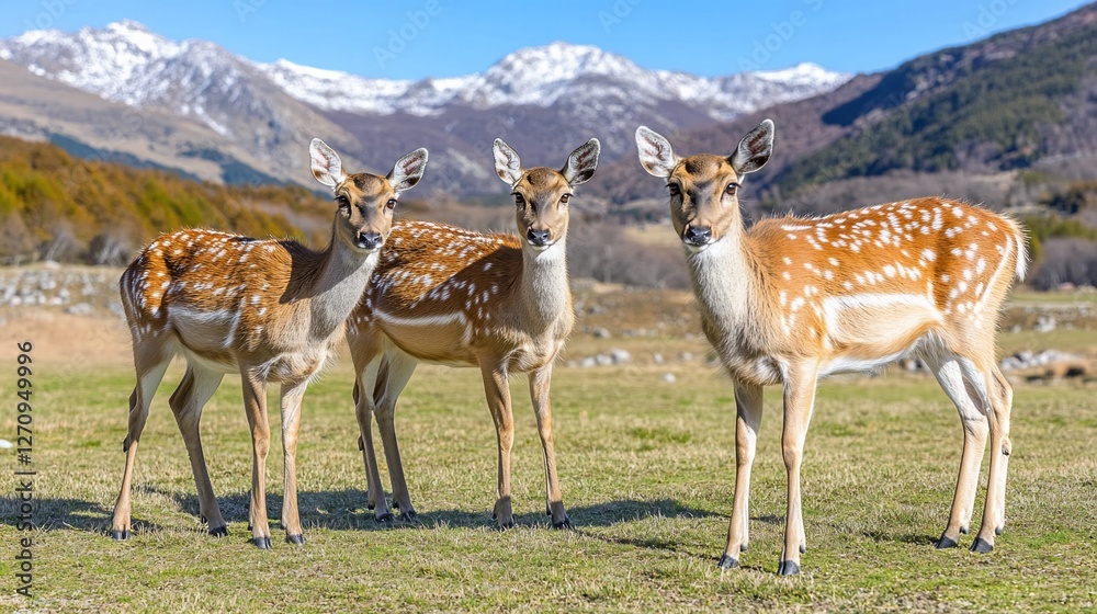 Three deer graze mountain pasture, spring Three deer graze mountain pasture, spring