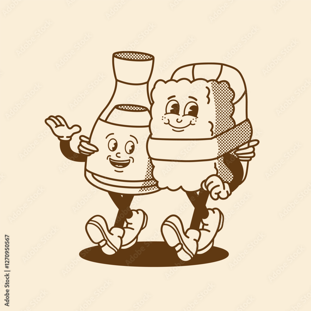 Naklejka premium mascot character sushi and soy sauce with retro style good for brand mascot, food mascot, restaurant mascot, etc