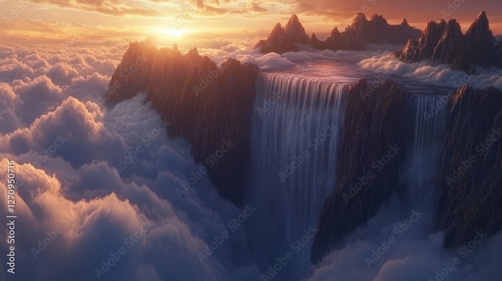 Fototapeta premium A sky waterfall cascading from clouds high above a mountain range, creating a beautiful contrast between the jagged cliffs and the soft, flowing water