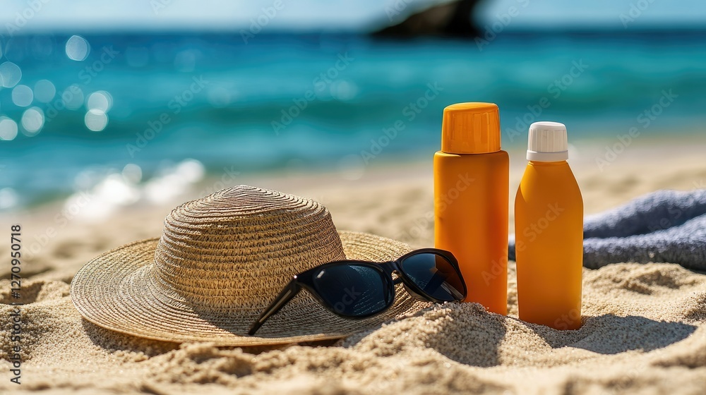 A beach day setup with sun protection gear such as a hat, sunscreen, and sunglasses laid out on the sand, ready for a relaxing time by the sea A beach day setup with sun protection gear such as a hat, sunscreen, and sunglasses laid out on the sand, ready for a relaxing time by the sea