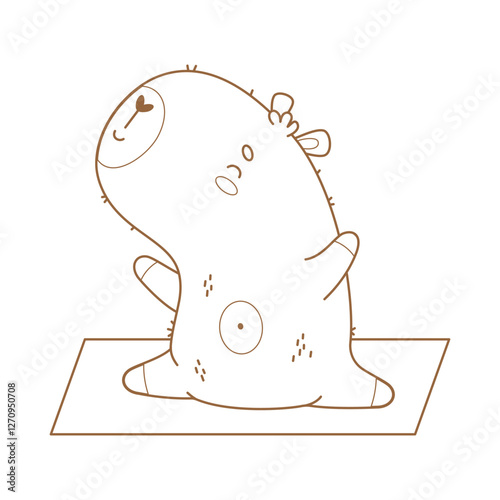 Outline Cute capybara stretching on yoga mat. Funny meditation and fitness. Cartoon animal sportsman. Line drawing, coloring book. Vector illustration. Kids collection