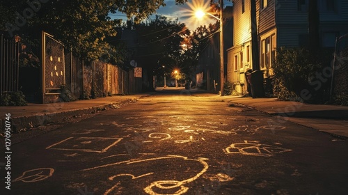 Night street, chalk drawings, quiet residential area.