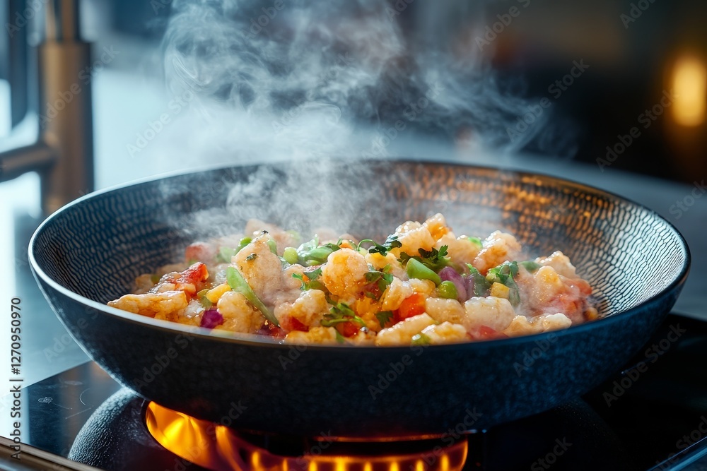 Delicious seafood stir-fry simmering in a pan on a stove with vibrant colors and steaming aroma in a modern kitchen Delicious seafood stir-fry simmering in a pan on a stove with vibrant colors and steaming aroma in a modern kitchen