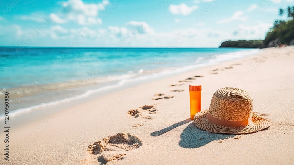 A beach setup with sun protection essentials such as sunscreen, a hat, and sunglasses, with footprints in the sand leading to the ocean A beach setup with sun protection essentials such as sunscreen, a hat, and sunglasses, with footprints in the sand leading to the ocean