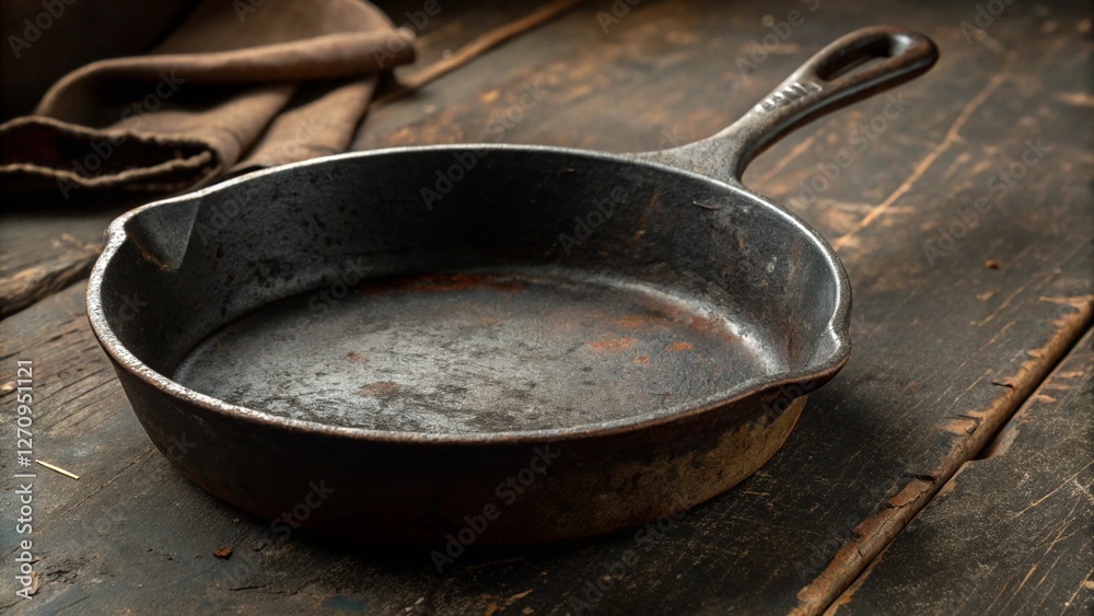 Rustic cast iron skillet resting on a weathered wooden surface, evoking a sense of traditional cooking and kitchenware Rustic cast iron skillet resting on a weathered wooden surface, evoking a sense of traditional cooking and kitchenware