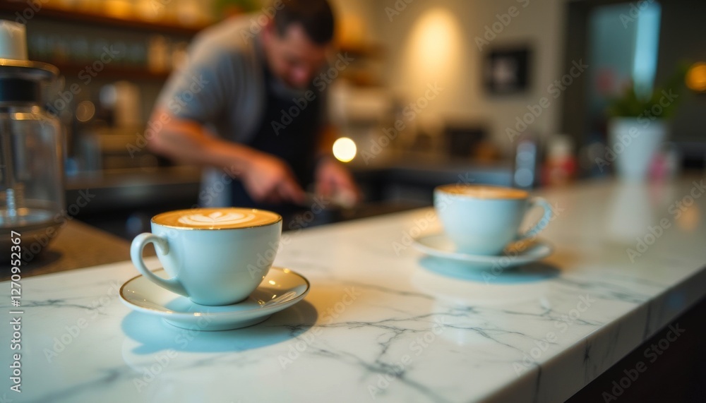 A pair of cappuccino cups sit on a marble counter at a cozy caf?, prepared by a barista working in the background. Warm and inviting scene. A pair of cappuccino cups sit on a marble counter at a cozy caf?, prepared by a barista working in the background. Warm and inviting scene.