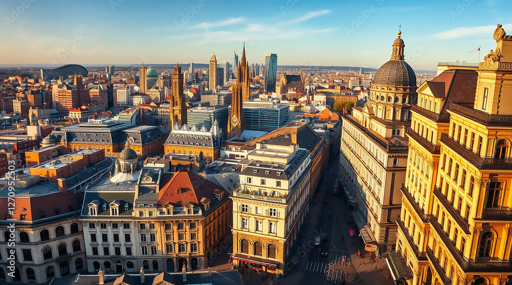 Fototapeta premium Golden Hour Panorama A Citys Architectural Elegance