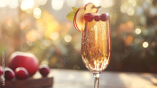 Festive Sparkling Drink: A flute glass of bubbly beverage adorned with apples and cranberries for a celebration.