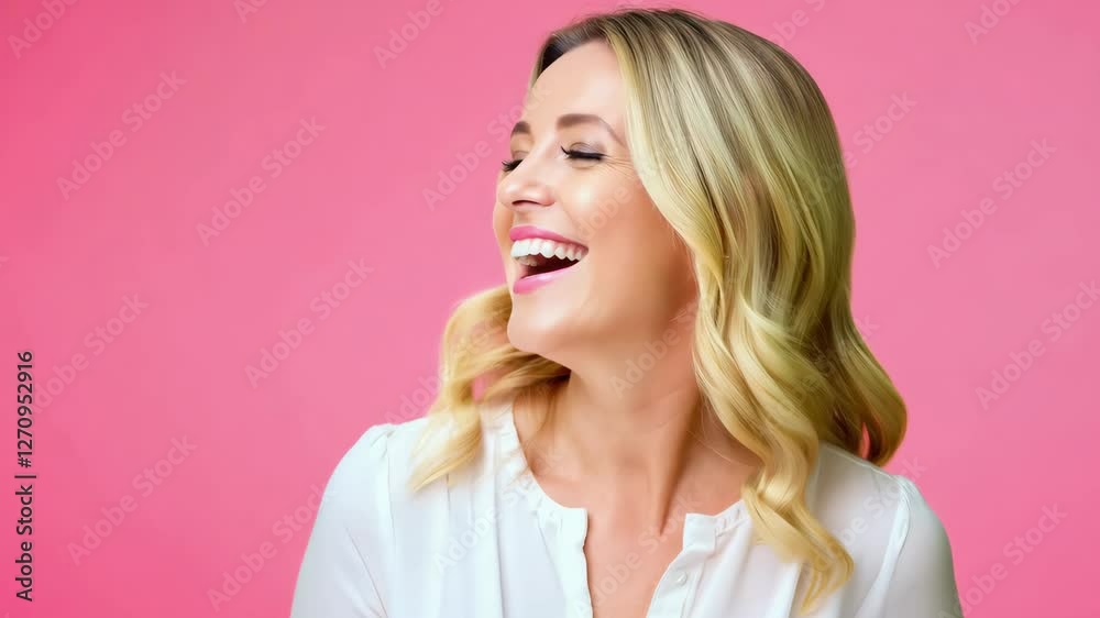 Smiling blonde woman in a white shirt against a soft pink background. A bright and cheerful portrait with a positive vibe. 4K video Smiling blonde woman in a white shirt against a soft pink background. A bright and cheerful portrait with a positive vibe. 4K video