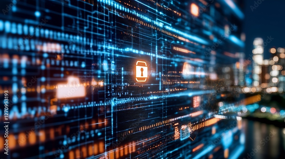 Naklejka premium Futuristic digital interface graphic showcasing a padlock symbolizing advanced cybersecurity protection systems : Generative AI