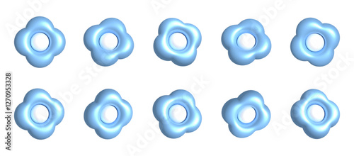 Blue puffy 3d flowers with hollow center. Inflated soft plastic petals, volumetric y2k vector shape.