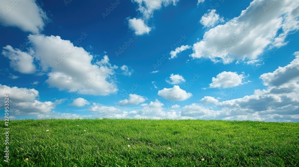 A calm green lawn with soft, fluffy clouds floating in the sky above, evoking a peaceful outdoor escape A calm green lawn with soft, fluffy clouds floating in the sky above, evoking a peaceful outdoor escape