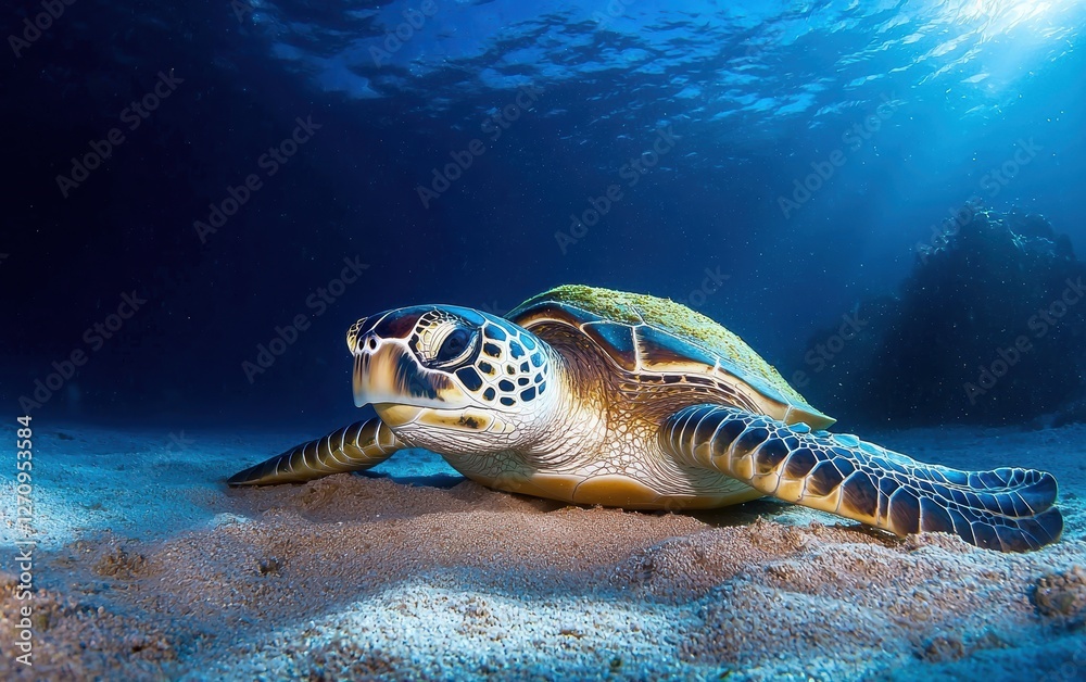 Obraz premium A sea turtle resting on a sandy seabed