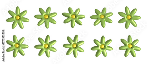 Set of glossy green chamomile flowers with yellow center. Volumetric inflated petals, different angles. 3D realistic illustration