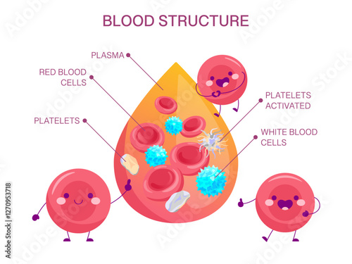 Cute Blood Structure With Cartoon Cells. Vector medical illustration of plasma, red and white blood cells, and platelets with cartoon characters.