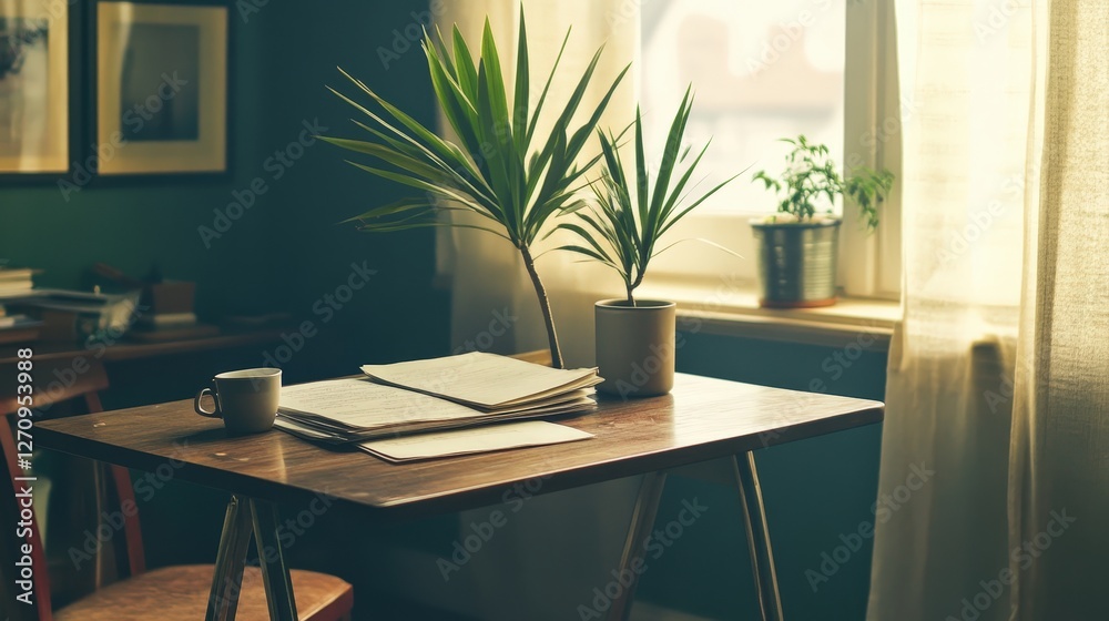 A small, minimalist writing table with a wooden surface and metal legs, placed in a home study. A small, minimalist writing table with a wooden surface and metal legs, placed in a home study.