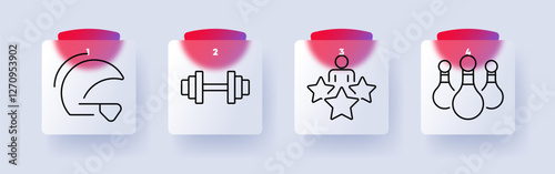Sports and recreation set icon. Helmet, dumbbells, competition, bowling, fitness, exercise, safety, training, teamwork, sports entertainment, active lifestyle