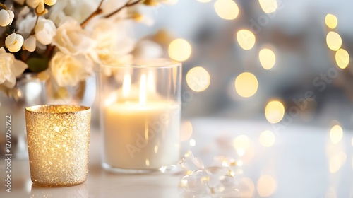 Beautiful arrangement of candles and floral decorations creating a serene romantic ambiance with soft lights : Generative AI