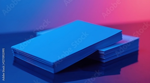 Stack of Blue Papers Under Neon Lights