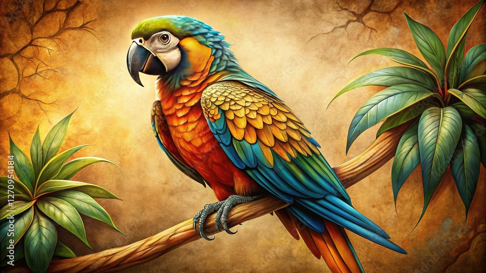 Fototapeta premium Realistic Vintage Parrot Drawing, Exotic Bird Art Illustration, Feathered Friend Print