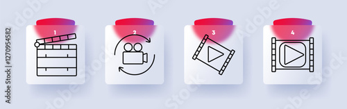 Film set icon. Clapperboard, video camera, filmstrip with play button, movie recording, filmmaking, cinema, digital media, entertainment, motion picture