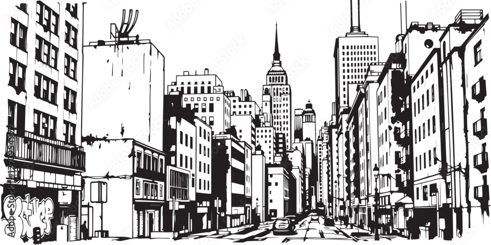 Obraz premium City landscape. Different buildings on street, outline cityscape hand sketch, flat houses. Hand drawn vector illustration