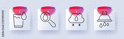 Water set icon. Glass with drop, magnifying glass, cloud with raindrop, serving dish with drops, hydration, weather, filtration, clean water, sustainability