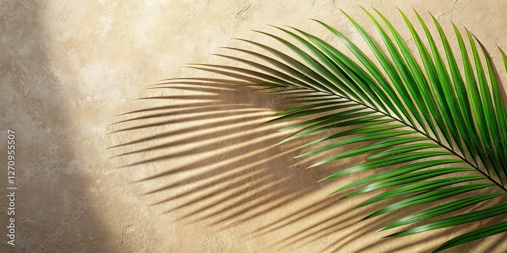 Fototapeta premium Serene Palm Leaf Shadow on Beige Concrete Wall - Relaxing Tropical Background