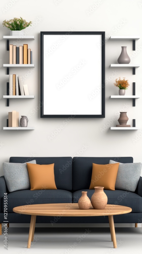 Fototapeta premium Stylish Living Room Interior Featuring Modern Sofa Shelves and Decorative Elements in Neutral Tones