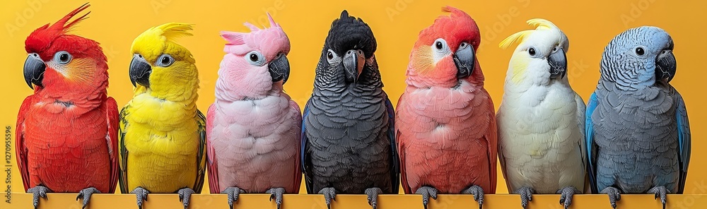 Obraz premium A large group of various exotic pet birds, featuring parrots, parakeets, and macaws arranged in a row, isolated on a white background