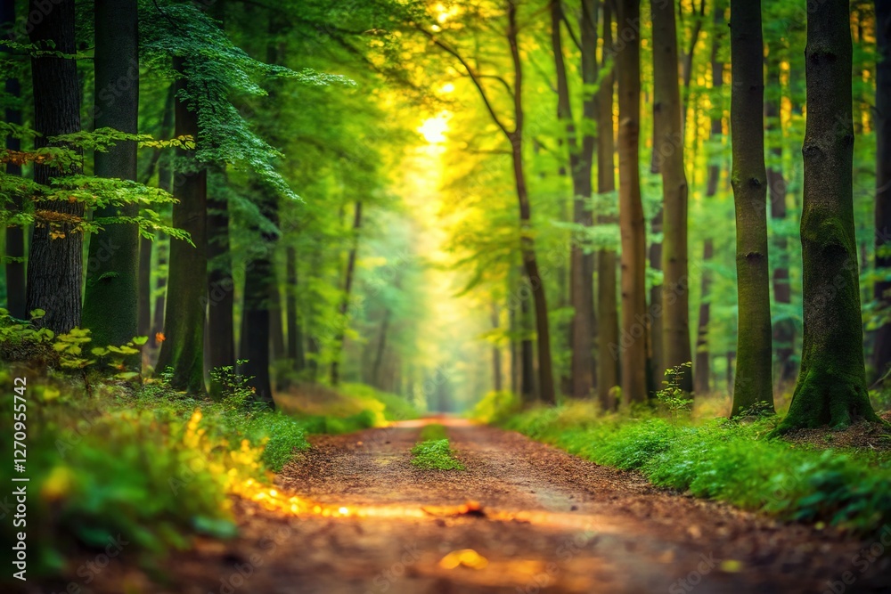 Obraz premium Soft Green & Brown Blurred Forest Path Background for Website Design