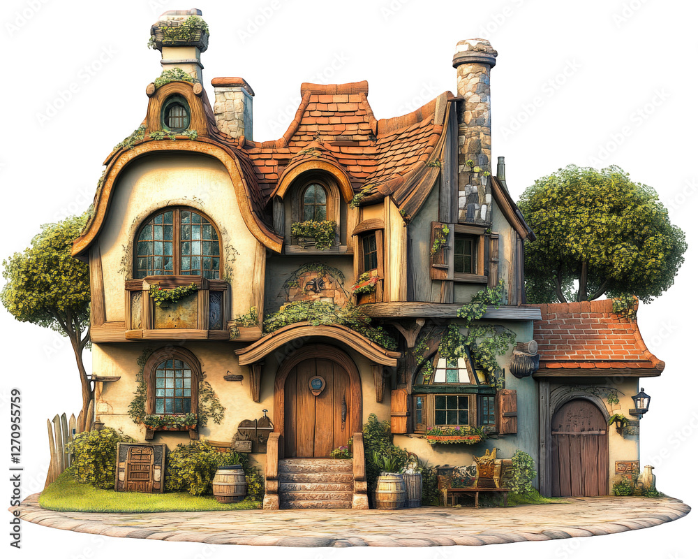 Fototapeta premium charming, whimsical house with thatched roof, surrounded by greenery and rustic decor. This picturesque cottage features wooden accents, stone details, and welcoming entrance