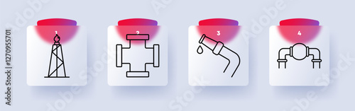 Oil industry set icon. Oil rig, pipeline intersection, fuel nozzle with drop, pipeline system, petroleum, energy, extraction, gas infrastructure, industry