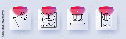 Technology set icon. Desk lamp, cooling fan, Newton's cradle, radio, engineering, airflow, science, mechanics, motion, communication.