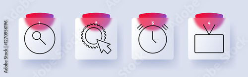 Technology set icon. Search clock, settings cursor, ringing clock, television, interface, digital tools, automation, time management, broadcast, programming.