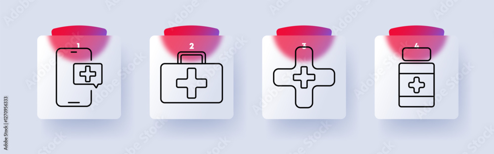 Fototapeta premium Medical set icon. Mobile health, first aid kit, medical cross, medicine bottle, emergency, hospital, healthcare, treatment, online consultation, pharmacy.