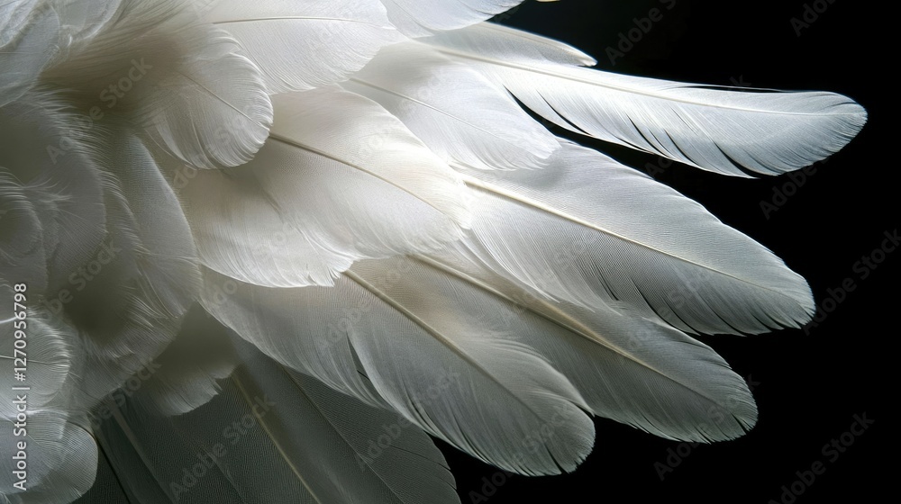Naklejka premium A close-up of light, airy white feathers descending elegantly against a shadowy black space.