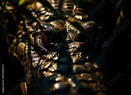 an image of a close up of a crocodile ' s face in the grass, there is a close up of a crocodile ' s eye and its mouth photo