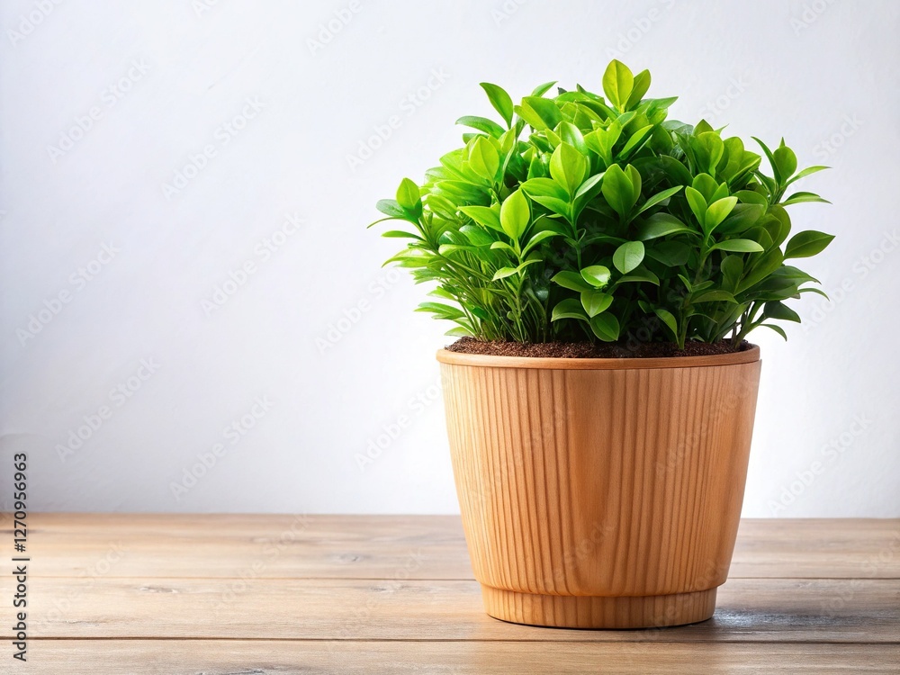 Fototapeta premium Vibrant Wooden Pot with Lush Green Plant â€“ Ample Copy Space for Design